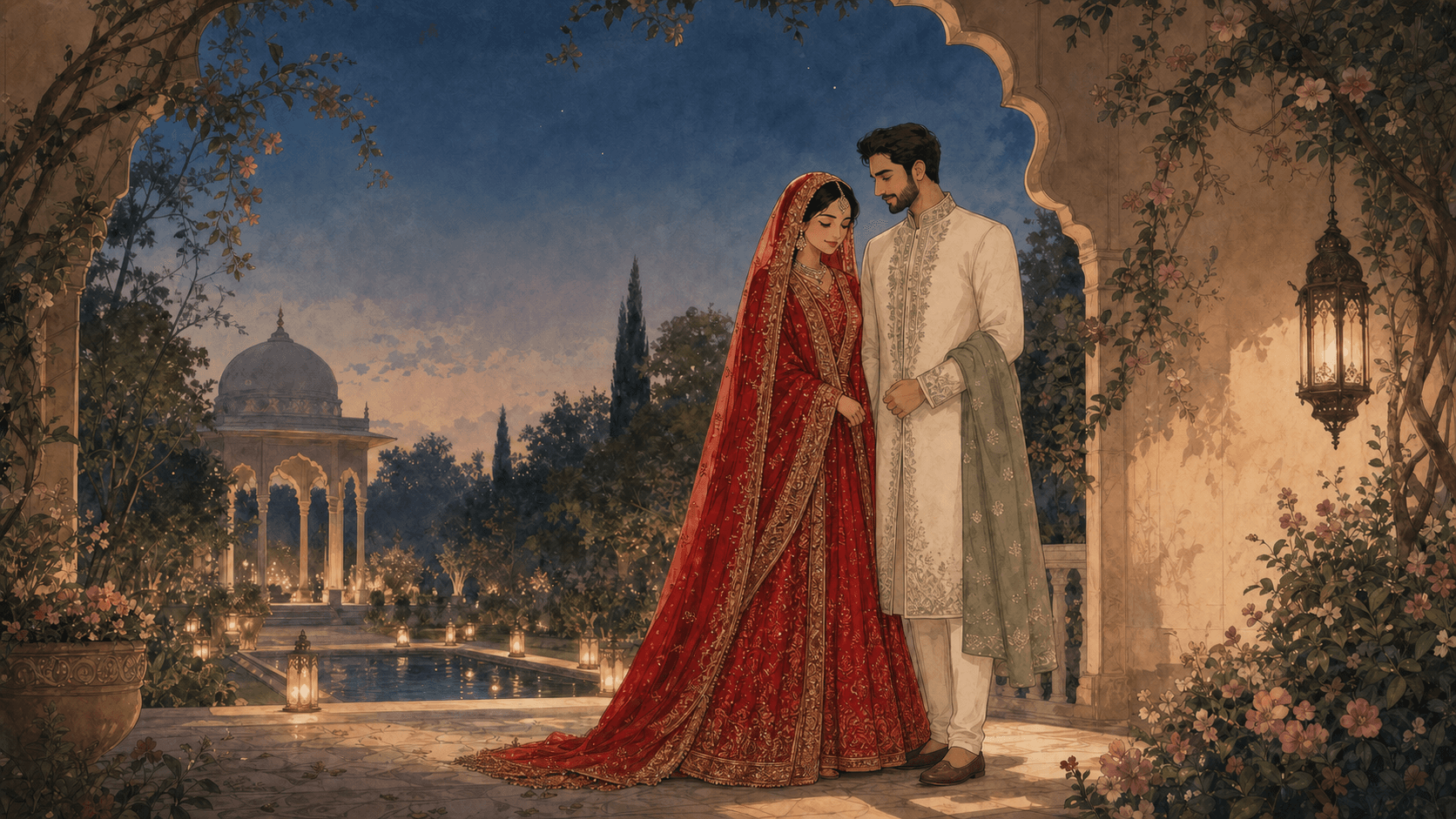 Painterly illustration of a South Asian wedding couple in a lantern-lit garden